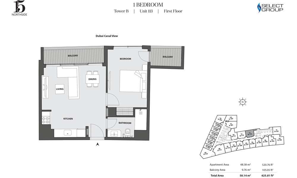 Tower B, 1 Bedroom, Unit 113, First Floor
